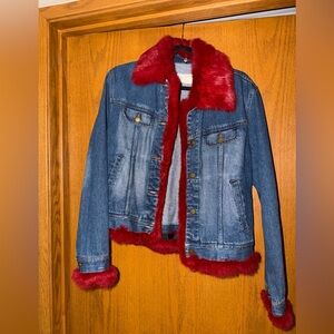 Alberto Makali Denim Jacket with Red Fur Trim